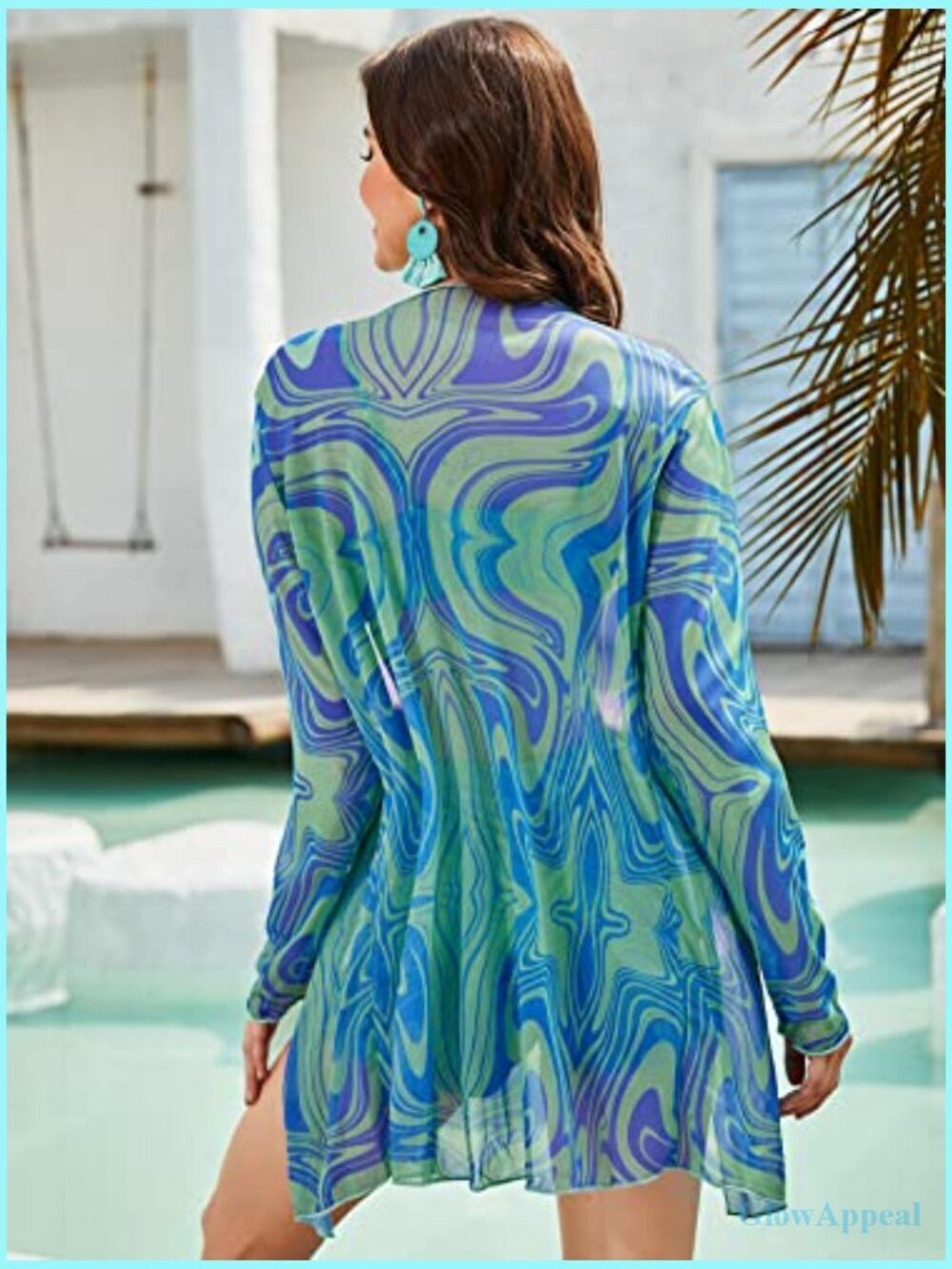 3 Piece Marble Print Tankini Swimsuit Set with Kimono Cover Up Long Sleeve V - Picture 2 of 7